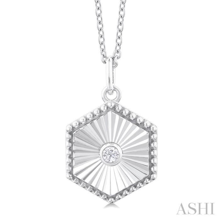 1/20 Ctw Hexagon Medallion Round Cut Diamond Pendant With Chain in 10K White Gold
