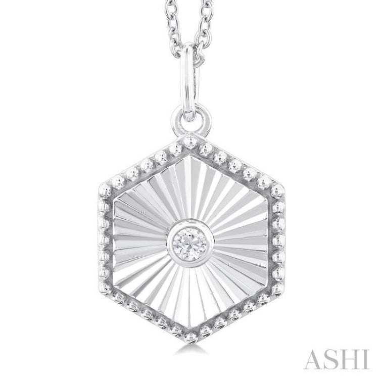 1/20 Ctw Hexagon Medallion Round Cut Diamond Pendant With Chain in 10K White Gold