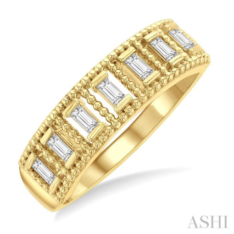 1/5 ctw Open Frame Ball Bead Border Baguette Cut Diamond Fashion Band in 14K Yellow Gold