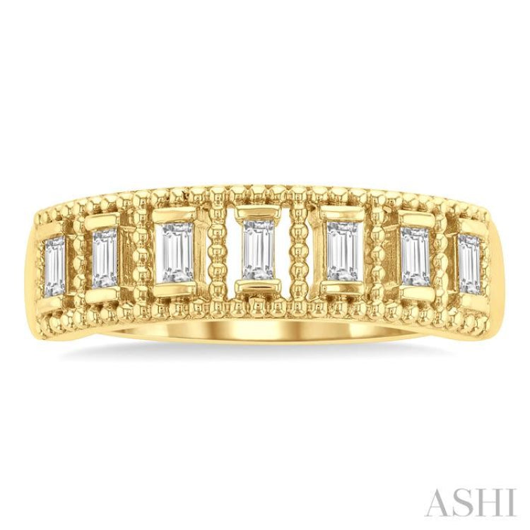1/5 ctw Open Frame Ball Bead Border Baguette Cut Diamond Fashion Band in 14K Yellow Gold