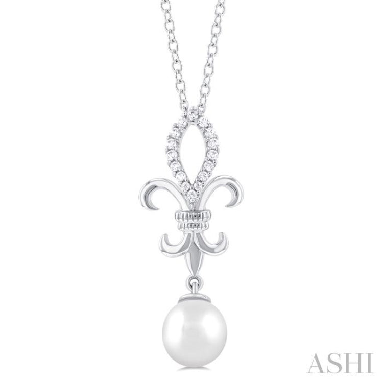 1/10 ctw Fleur De Lis 7X7MM White Cultured Pearl and Round Cut Diamond Pendant With Chain in 10K White Gold