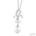 1/10 ctw Fleur De Lis 7X7MM White Cultured Pearl and Round Cut Diamond Pendant With Chain in 10K White Gold