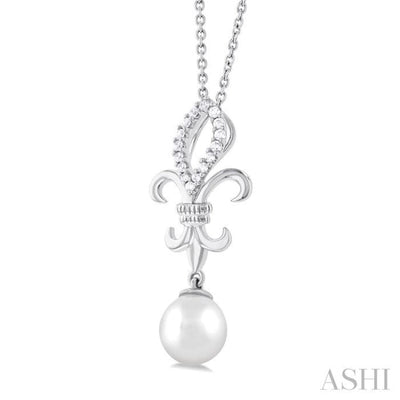 1/10 ctw Fleur De Lis 7X7MM White Cultured Pearl and Round Cut Diamond Pendant With Chain in 10K White Gold