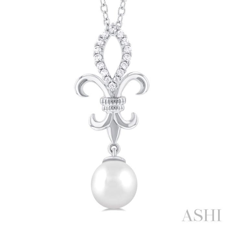 1/10 ctw Fleur De Lis 7X7MM White Cultured Pearl and Round Cut Diamond Pendant With Chain in 10K White Gold