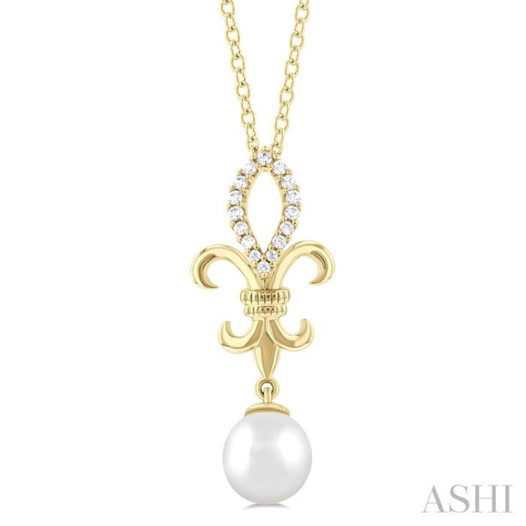1/10 ctw Fleur De Lis 7X7MM White Cultured Pearl and Round Cut Diamond Pendant With Chain in 10K Yellow Gold