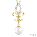 1/10 ctw Fleur De Lis 7X7MM White Cultured Pearl and Round Cut Diamond Pendant With Chain in 10K Yellow Gold