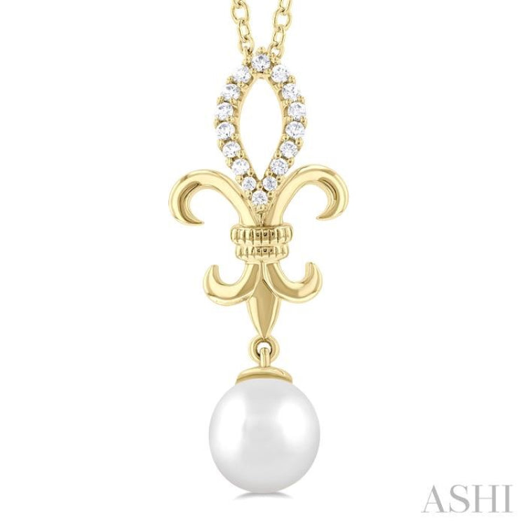 1/10 ctw Fleur De Lis 7X7MM White Cultured Pearl and Round Cut Diamond Pendant With Chain in 10K Yellow Gold