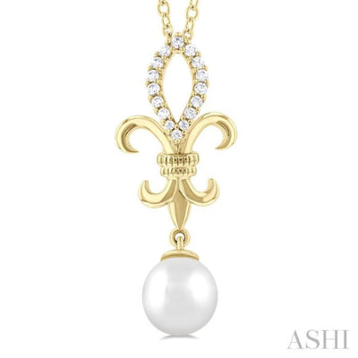 1/10 ctw Fleur De Lis 7X7MM White Cultured Pearl and Round Cut Diamond Pendant With Chain in 10K Yellow Gold