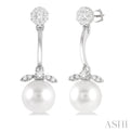 1/4 ctw Lovebright 7X7MM Cultured White Pearl and Round Cut Diamond Fashion Earrings in 14K White Gold