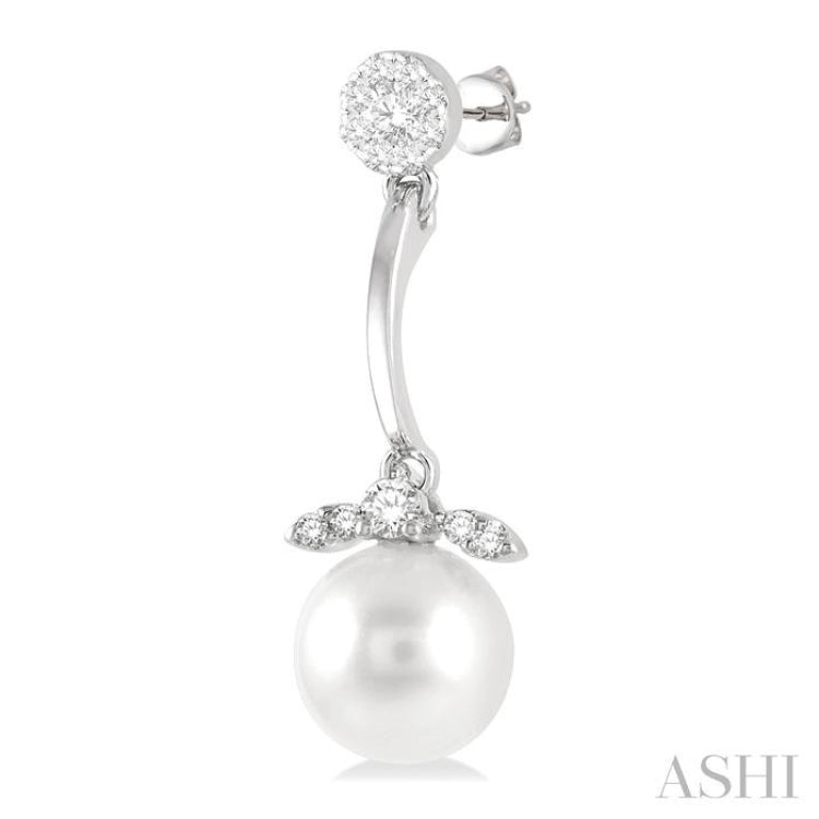1/4 ctw Lovebright 7X7MM Cultured White Pearl and Round Cut Diamond Fashion Earrings in 14K White Gold