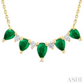 1/8 ctw Pear Cut 5X3 and 4X3MM Precious Emerald & Round Cut Diamond Necklace in 14K Yellow Gold