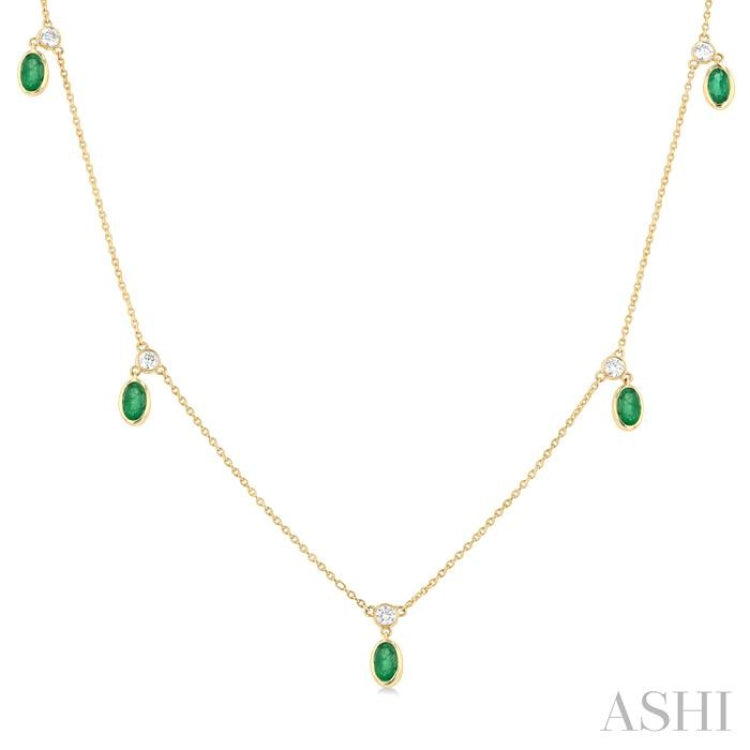 1/4 ctw Round Cut Diamonds and 5X3MM Oval Shape Emerald Precious Station Necklace in 14K Yellow Gold