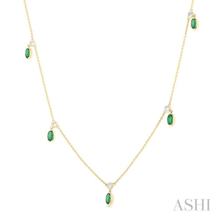 1/4 ctw Round Cut Diamonds and 5X3MM Oval Shape Emerald Precious Station Necklace in 14K Yellow Gold