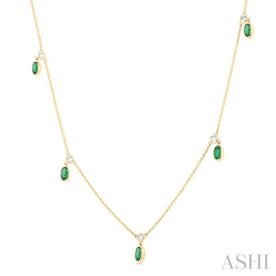 1/4 ctw Round Cut Diamonds and 5X3MM Oval Shape Emerald Precious Station Necklace in 14K Yellow Gold