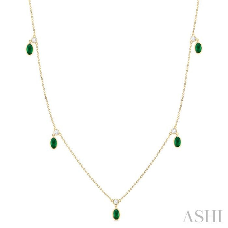 1/4 ctw Round Cut Diamonds and 5X3MM Oval Shape Emerald Precious Station Necklace in 10K Yellow Gold