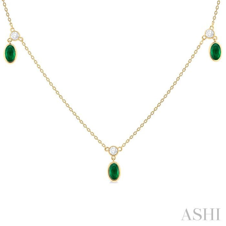1/4 ctw Round Cut Diamonds and 5X3MM Oval Shape Emerald Precious Station Necklace in 10K Yellow Gold