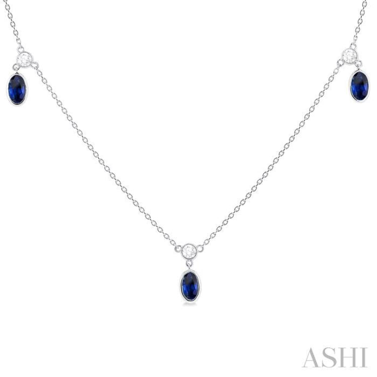 1/4 ctw Round Cut Diamonds and 5X3MM Oval Shape Sapphire Precious Station Necklace in 10K White Gold