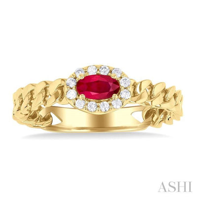 1/10 ctw Cuban Link East-West 5x3 MM Oval Cut Ruby and Round Cut Diamond Halo Precious Ring in 10K Yellow Gold
