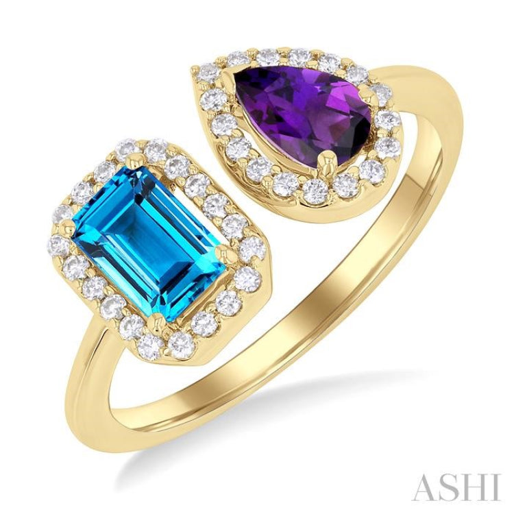 1/5 ctw Open Toi Et Moi 6X4 MM Emerald Cut Blue Topaz and Pear Cut Amethyst & Round Cut Diamond Halo Fashion Ring in 14K Yellow Gold