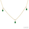 1/8 ctw Round Cut Diamonds and 5X3MM Pear Shape Emerald Precious Station Necklace in 10K Yellow Gold