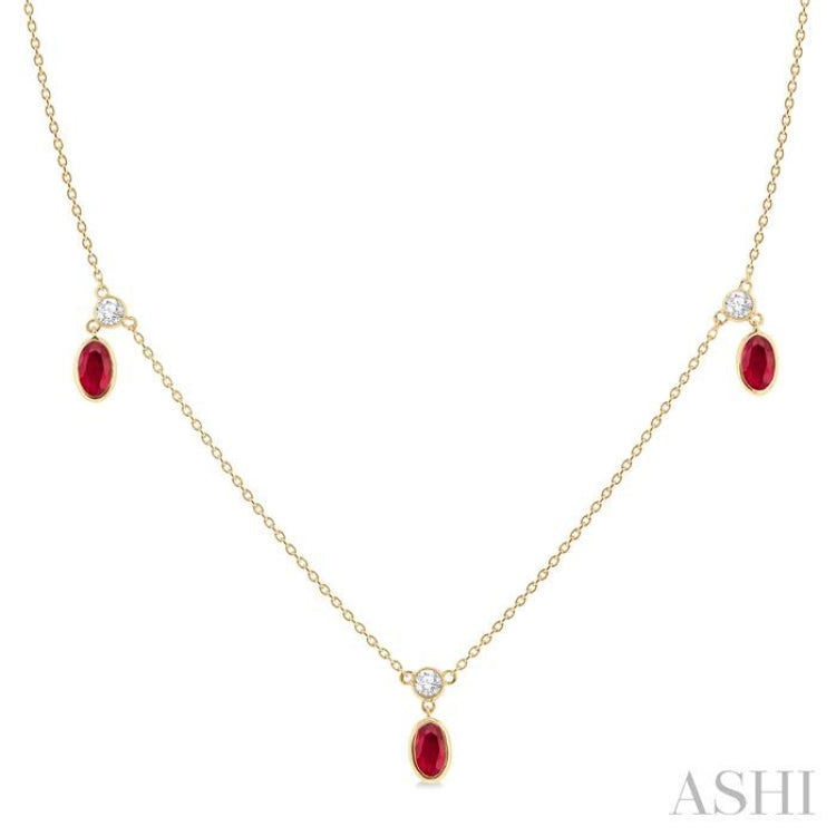 1/4 ctw Round Cut Diamonds and 5X3MM Oval Shape Ruby Precious Station Necklace in 14K Yellow Gold