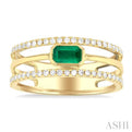 5X3MM East- West Emerald and 1/4 ctw Single Cut Diamond Triple Split Precious Ring in 10K Yellow Gold