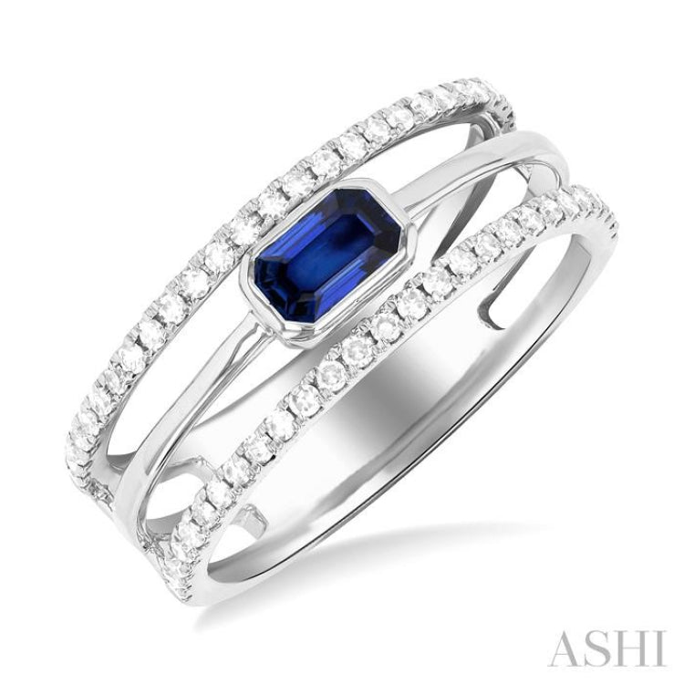 5X3MM East- West Emerald Shape Sapphire and 1/4 ctw Single Cut Diamond Triple Split Precious Ring in 10K White Gold