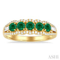 3.1MM Round Emerald and 1/4 ctw Baguette and Single Cut Diamond 5-Stone Precious Ring in 14K Yellow Gold