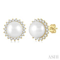 1/6 ctw Petite Sunflower 5.5MM Cultured Pearls and Round Cut Diamond Fashion Stud Earring in 10K Yellow Gold