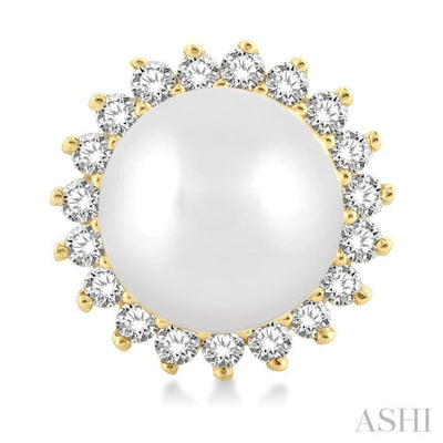 1/6 ctw Petite Sunflower 5.5MM Cultured Pearls and Round Cut Diamond Fashion Stud Earring in 10K Yellow Gold