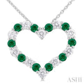 1/2 ctw Open Heart 2.3 MM Round Cut Emerald and Round Cut Diamond Precious  Fashion Pendant With Chain in 14K White Gold