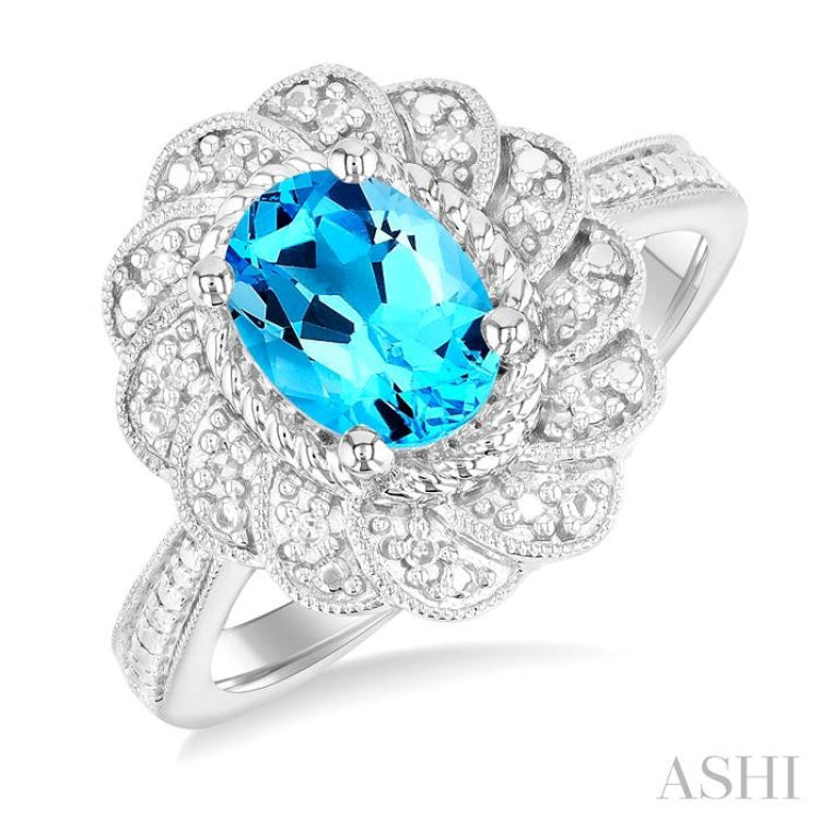 1/20 ctw Oval Cut 8X6 MM Blue Topaz and Round Cut Diamond Semi Precious Ring in Sterling Silver