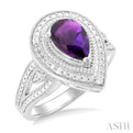 1/20 ctw Pear Cut 9X6 MM Amethyst and Round Cut Diamond Semi Precious Ring in Sterling Silver