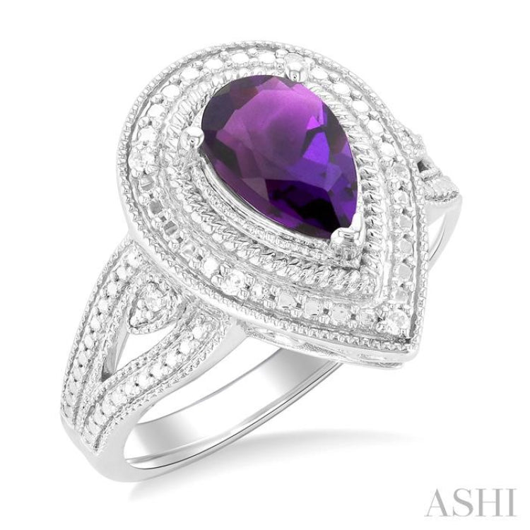 1/20 ctw Pear Cut 9X6 MM Amethyst and Round Cut Diamond Semi Precious Ring in Sterling Silver