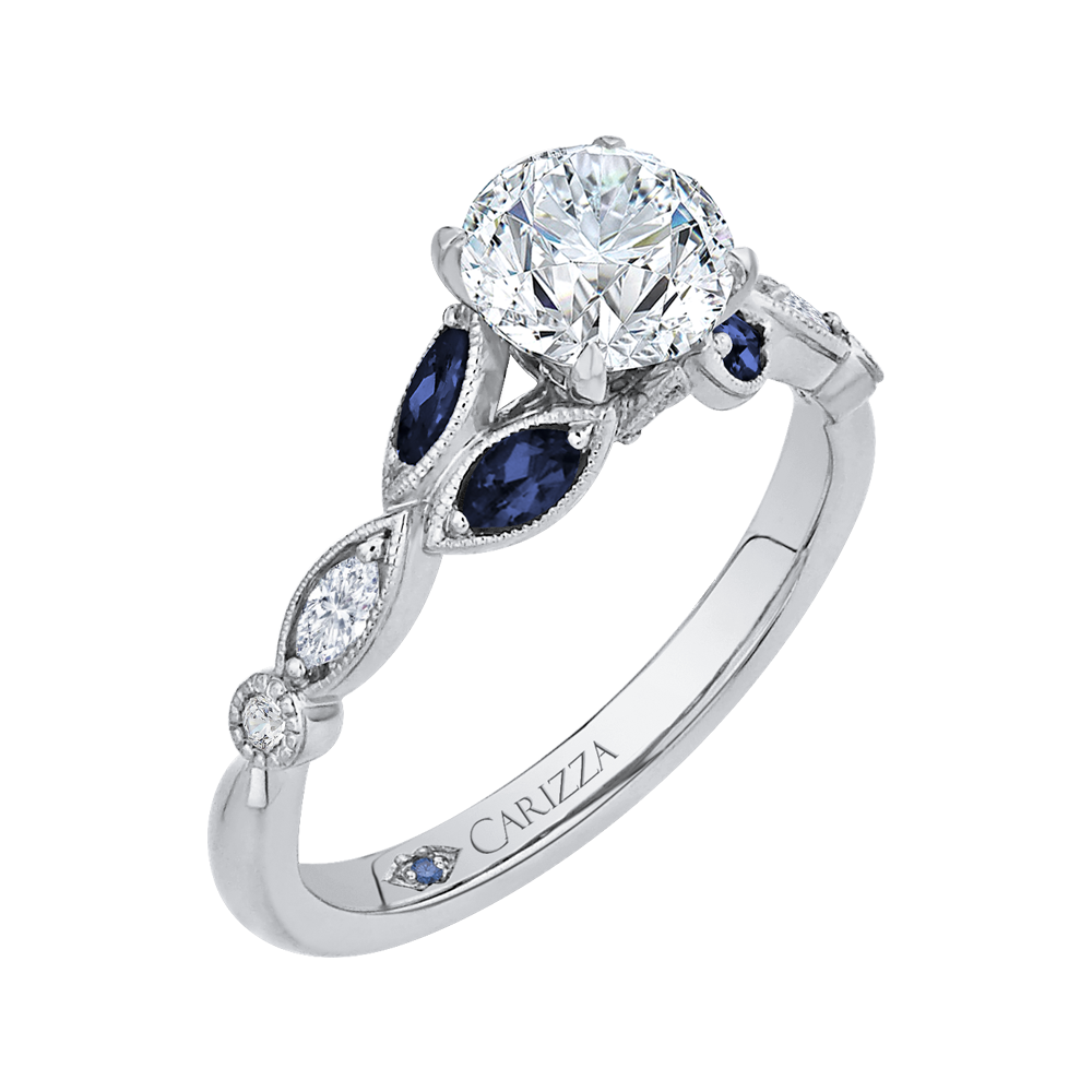 14K White Gold Round Diamond Engagement Ring with Sapphire (Semi-Mount)