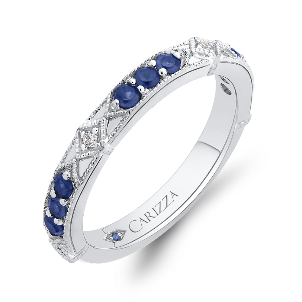 Round Diamond and Sapphire Wedding Band in 14K White Gold
