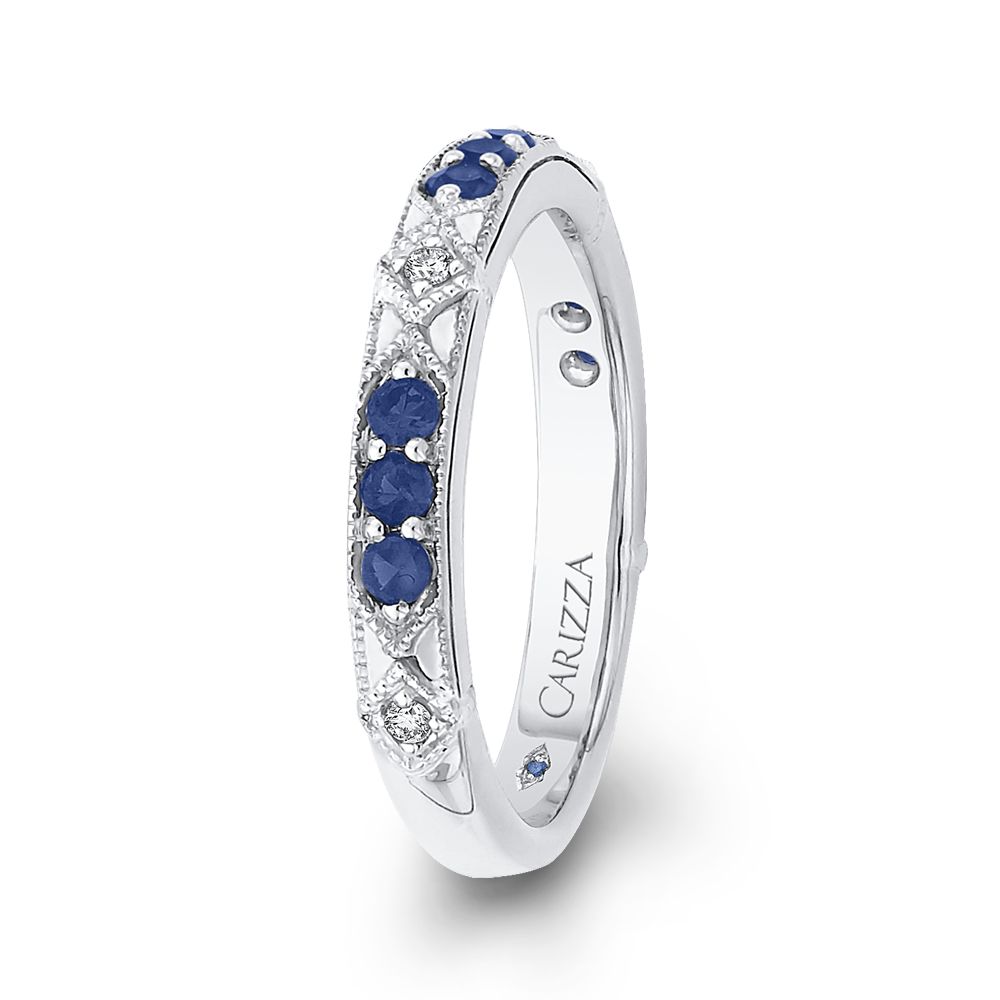 Round Diamond and Sapphire Wedding Band in 14K White Gold