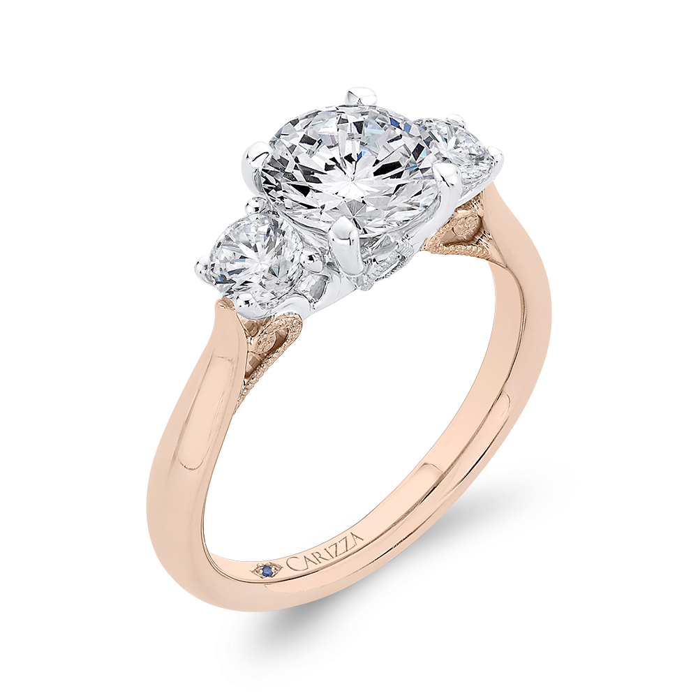 14K Two-Tone Gold Round Diamond Three-Stone Engagement Ring (Semi-Mount)