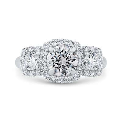Diamond Three-Stone Halo Engagement Ring in 14K White Gold (Semi-Mount)