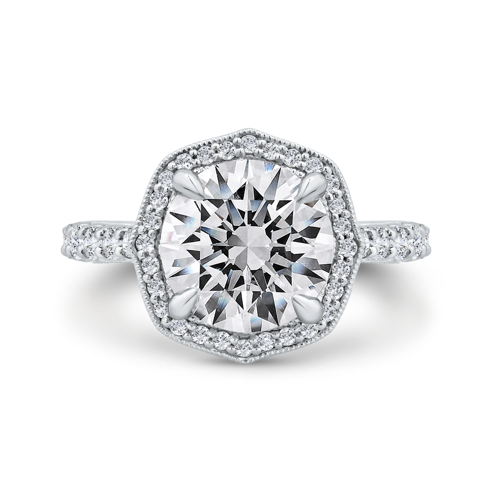 14K White Gold Round Cut Diamond Halo Engagement Ring with Euro Shank (Semi-Mount)