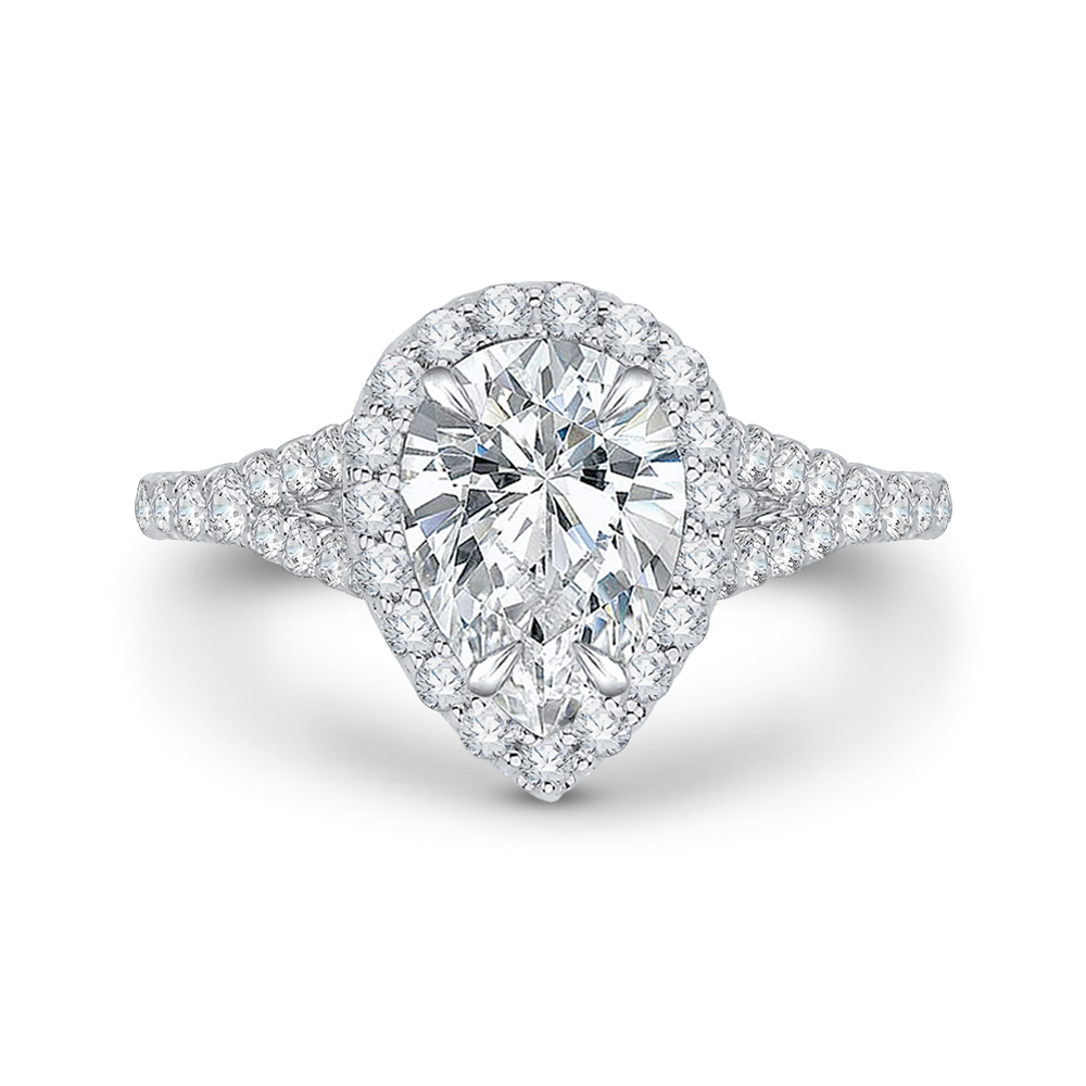 14K White Gold Pear Diamond Halo Engagement Ring with Split Shank (Semi-Mount)