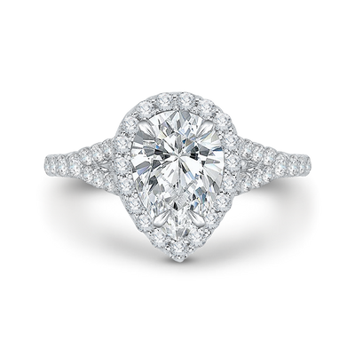 14K White Gold Pear Diamond Halo Engagement Ring with Split Shank (Semi-Mount)