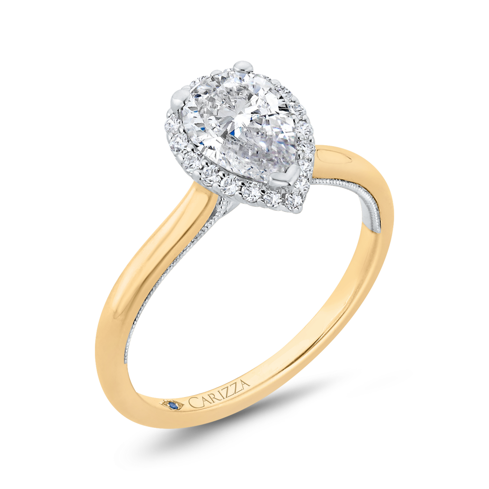 14K Two-Tone Gold Pear Diamond Halo Engagement Ring (Semi-Mount)