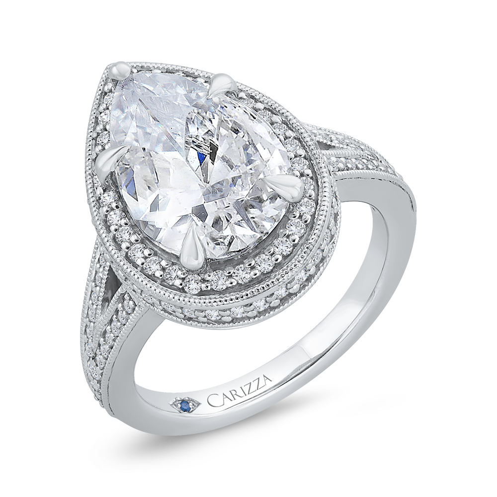 Pear Diamond Halo Engagement Ring In 14K White Gold with Split Shank (Semi-Mount)