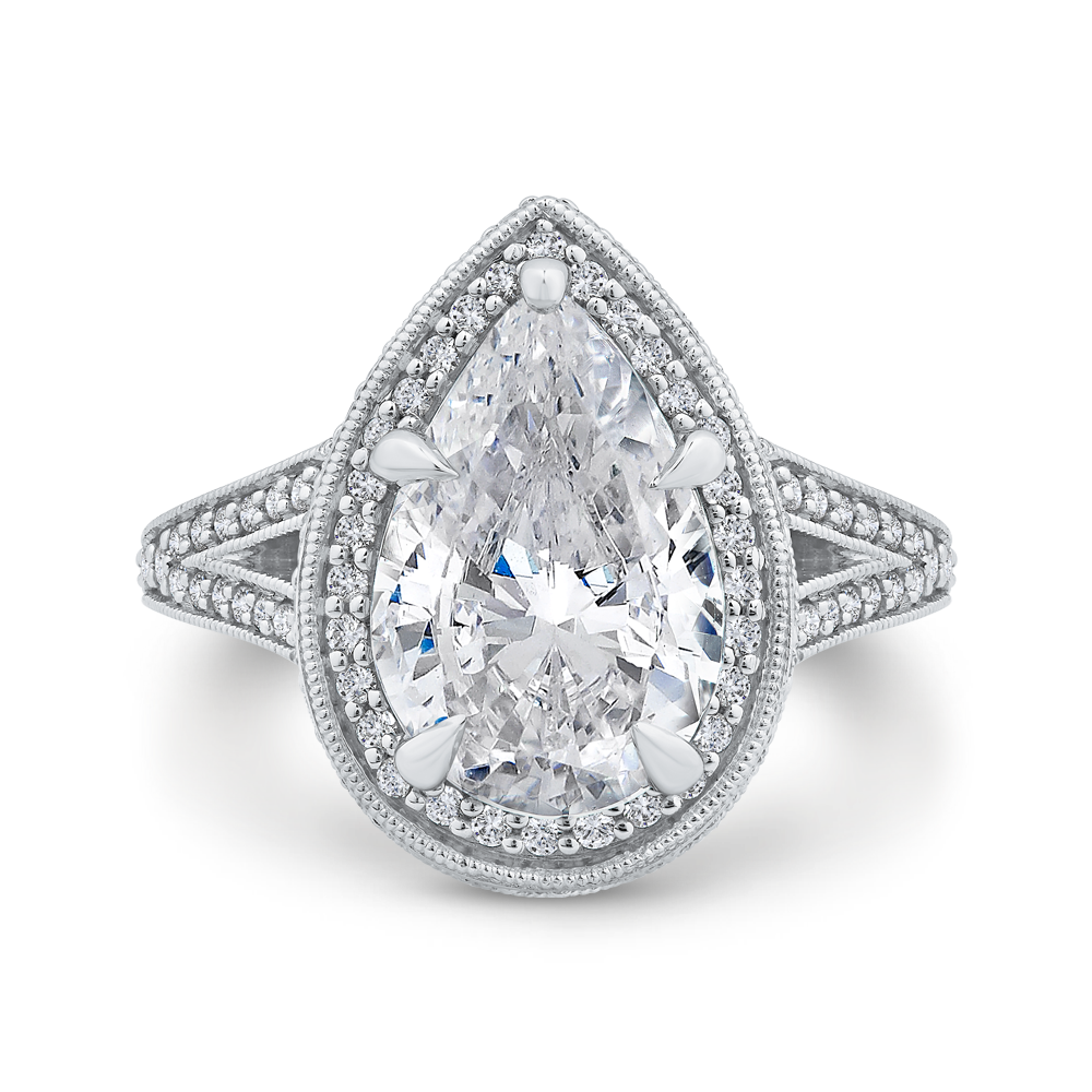 Pear Diamond Halo Engagement Ring In 14K White Gold with Split Shank (Semi-Mount)