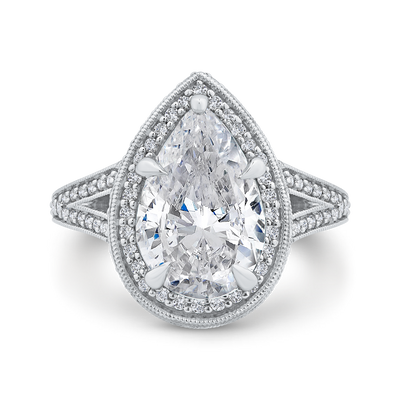 Pear Diamond Halo Engagement Ring In 14K White Gold with Split Shank (Semi-Mount)