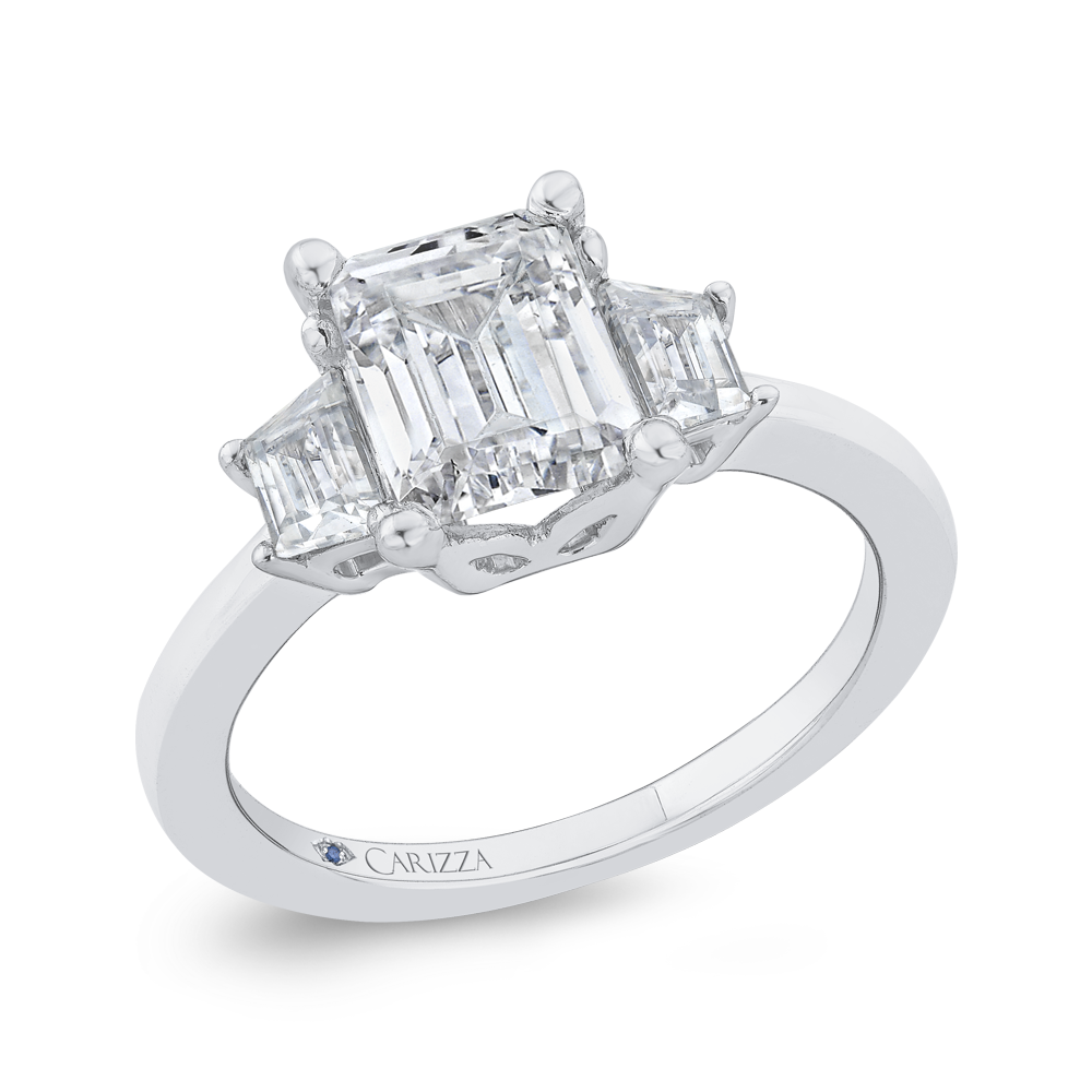 14K White Gold Three Stone Engagement Ring Trapezoid sides Diamond (Semi-Mount)