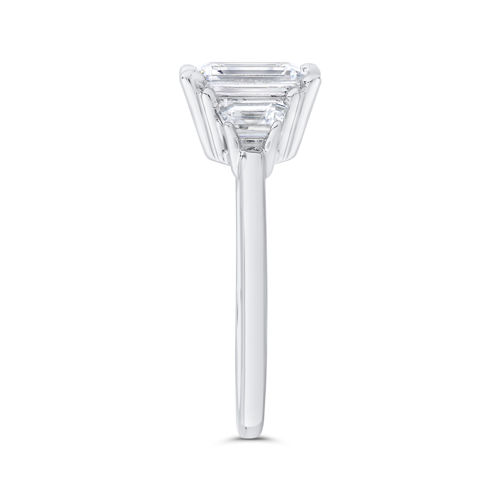 14K White Gold Three Stone Engagement Ring Trapezoid sides Diamond (Semi-Mount)