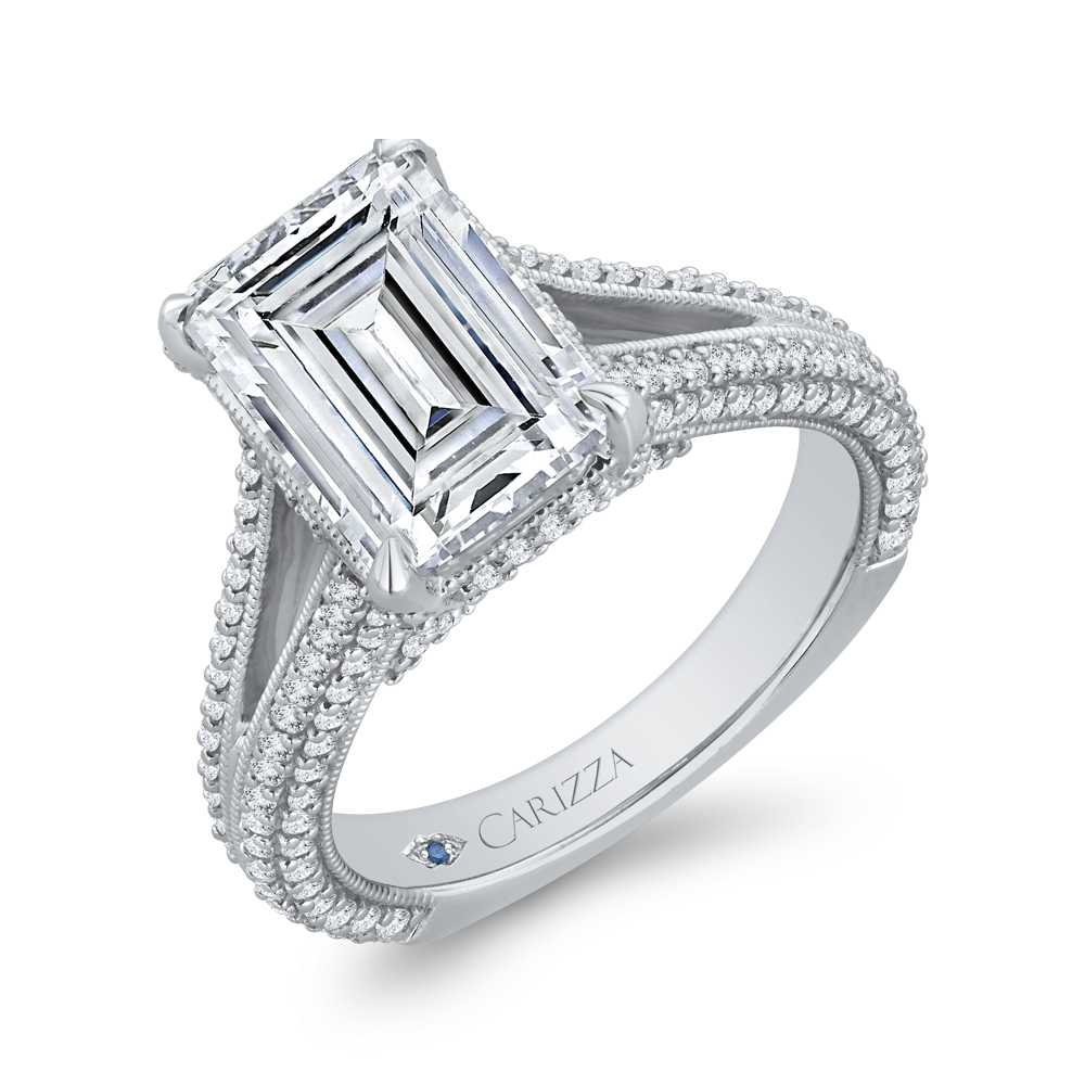 14K White Gold Emerald Cut Diamond Engagement Ring with Split Shank (Semi-Mount)