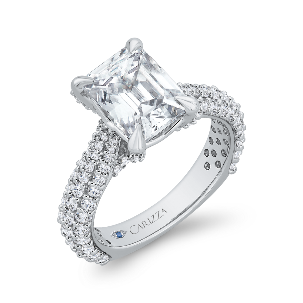 14K White Gold Three Row Emerald Diamond Engagement Ring (Semi-Mount)